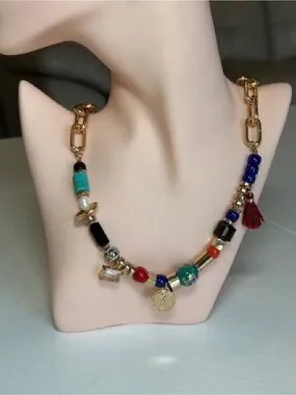Gold Chain Multicolor Beaded Women's Necklace With Charms
